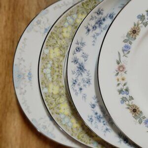 Mismatched Lunch Plates 7.5" Fine China Porcelain Floral Silver Rim Eclectic Set